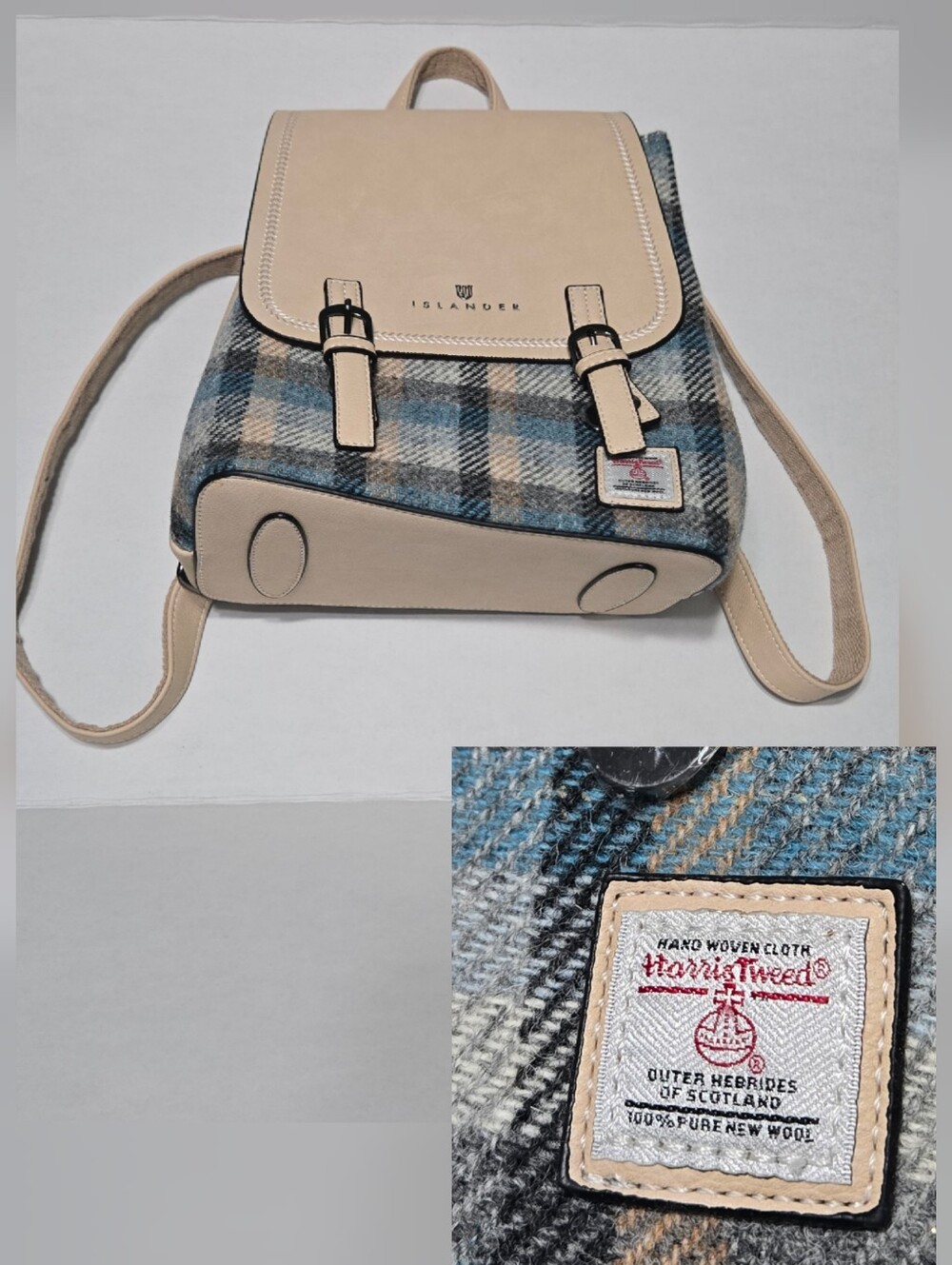 Harris Tweed Islander Tan and Blue Women's Jura Backpack NWOT